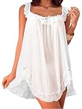 Foxiny Sexy Bows Split Side Ruffle Lace Mesh Sheer Babydoll Lingerie Dress Nightgown Set with Thong 2 Piece Women See Through Ruched Chemise Negligee Nighty White Medium