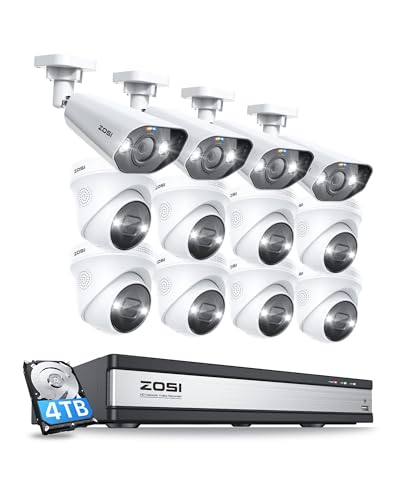 Zosi 4k Sistema De Cámaras De Vigilancia Poe 12pcs Cámaras De Seguridad Exterior Con 16ch 8mp H.265 Grabador Nvr, Visión Nocturna En Color, Alarma De Luz Y Sirena, Audio, 4tb Hdd Incluido