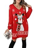 Kocowoo Women's Ugly Christmas V Neck Oversize Sweater Dress Long Sleeve Loose Holiday Knit Xmas Mini Dress.