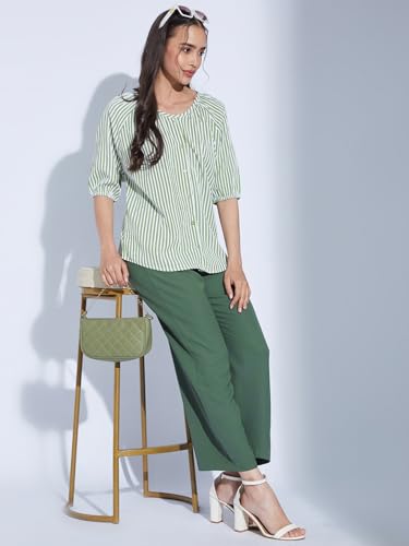 Image of Selvia Women Textured Crepe Printed Top Regular fit Shirt Style Top Round Neck Half Sleeve Stylish Top