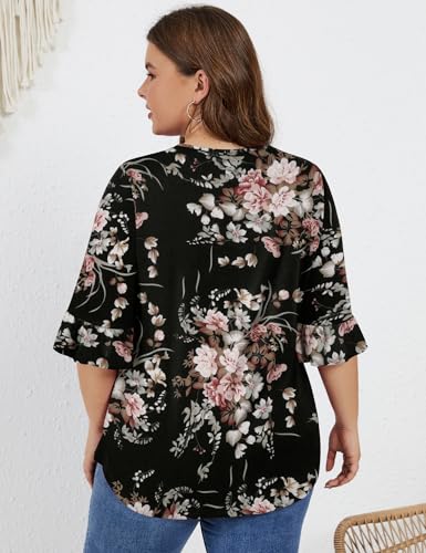 Micoson Womens Plus Size 3/4 Sleeve Shirts Floral Print V Neck Tunic Tops Peasant Blouse Boho,Black Floral 2XL by Micoson - Used condition - Image 8