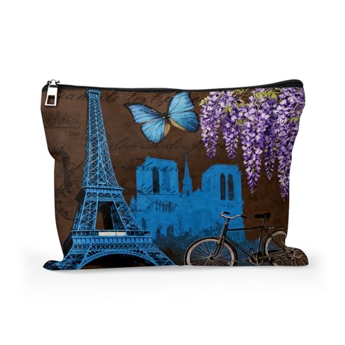 Cafl Makeup Bag Travel Essentials Jewelry Organize Cosmetics Bag Skincare Toiletry Pouch Zipper Women-10×8 inch, Eiffel Tower Vintage Wisteria