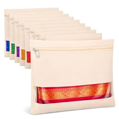 CUATRO Cotton Saree Bags/Covers For Storage Set Of - 4 Big Size Single (16 X 14 Inches) With Zip Closure For Clothes Bags And Wardrobe Organizer With Transparent Mesh Window, Beige (4)