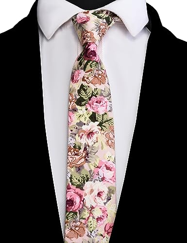 Image of GUSLESON Fashion 2.4 inch(6cm) Floral Skinny Tie for Men Slim Flower Print Cotton Necktie for Wedding Party