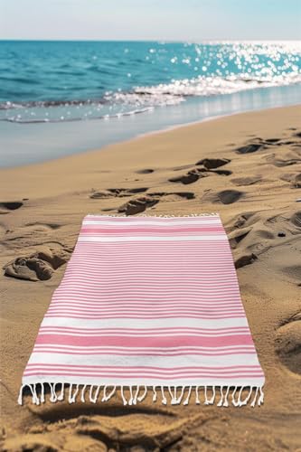Adore Home Large Hammam Beach Towel Striped Turkish Style Fouta Peshtemal Cotton, Rio Stripe Pink - Image 2