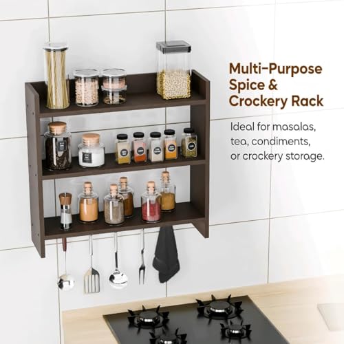 Image of Shoper cart Modern Kitchen Wall Shelf with Hooks, 3-Tier White and Beech Wood Storage Rack, 55 x 50 cm, Utensil Organizer with Spice Jar Display (Brown)