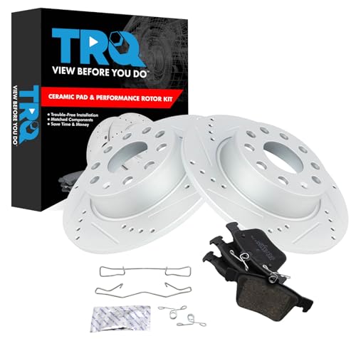 Image of TRQ Performance Rear Brake Pad and Rotor Set Ceramic Coated Drilled Slotted Rotors Compatible with 2015-2020 Audi A3 2015-2018 A3 Quattro 2016-2018 Sportback e-tron 2015-2019 Volkswagen e-Golf