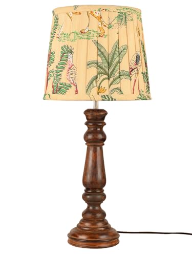 Image of Green Girgit Classic Wooden Lamp in Walnut Brown Color with Pleeted Multiolor Green Shade, Vintage Wooden Table Lamp with Tropical Print Shade, Decorative Light for Bedroom (LED Bulb Included)