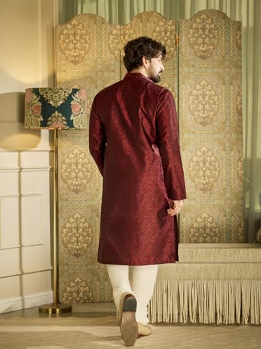 Image of Sojanya (Since 1958 Men's Red Jacquard Silk Kurta & Churidaar Pyjama