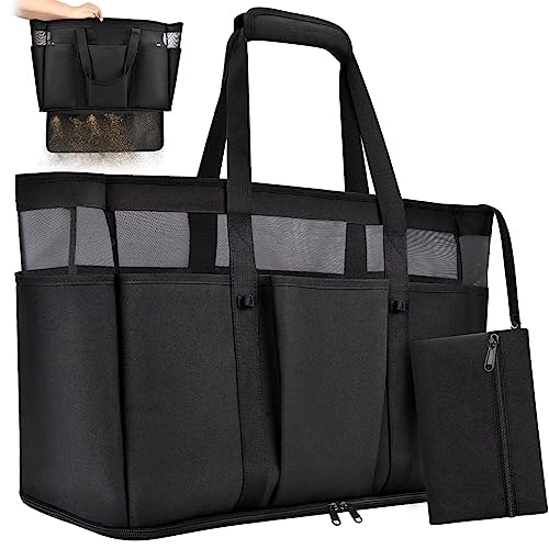 Large Beach Bag with Zipper, 12 Pockets Waterproof Sandproof Pool Bag Womens Mesh Beach Tote Bag for Travel Vacation