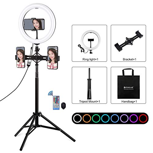 WJH 1.65m Stativbefestigung + Dual Phone Bracket + 10,2 Zoll 26cm gekrümmte Oberfläche USB RGBW dimmbare LED-Ring Vlogging Videoleuchte Live