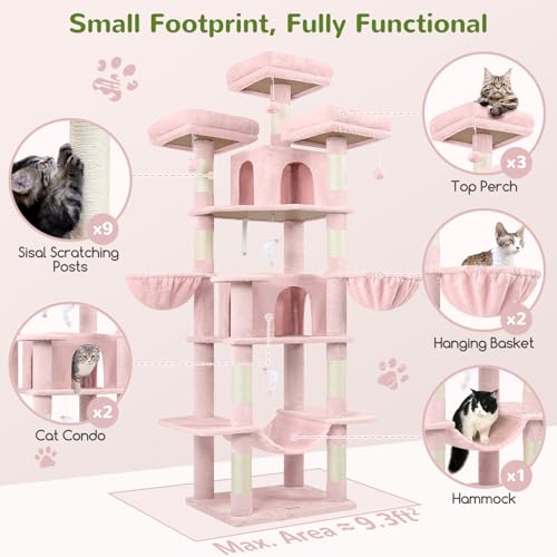 Image of Globlazer Big Pink Cat Tower for Indoor Cats, 80inch Cat Tower for Multiple Adult Cats XXL Cat Tree with Scratching Post, Hammock, 3 Perches, 2 Condos, 2 Hanging Basket, F80, Pink