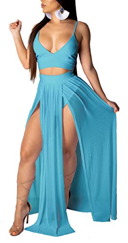 Image of Women Sexy 2 Piece Outfits Dress Chiffon Strap Deep V Neck Bra Crop Top High Split Maxi Dresses Skirt Set