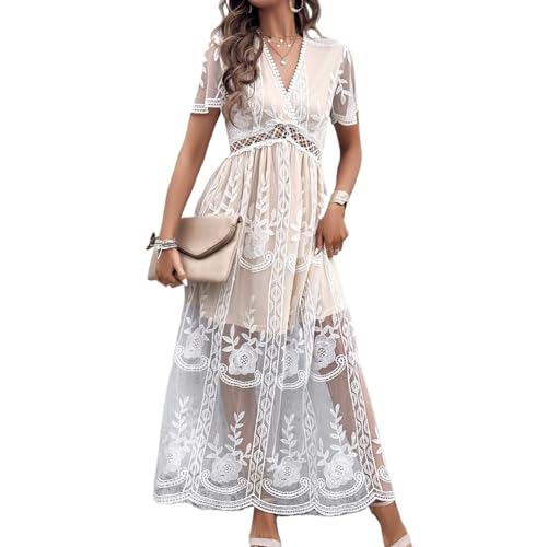 2025 Spring Summer Maxi Dresses for Women V Neck Short Sleeve Lace Floral Flowy Beach Vacation Boho Wedding Sundress