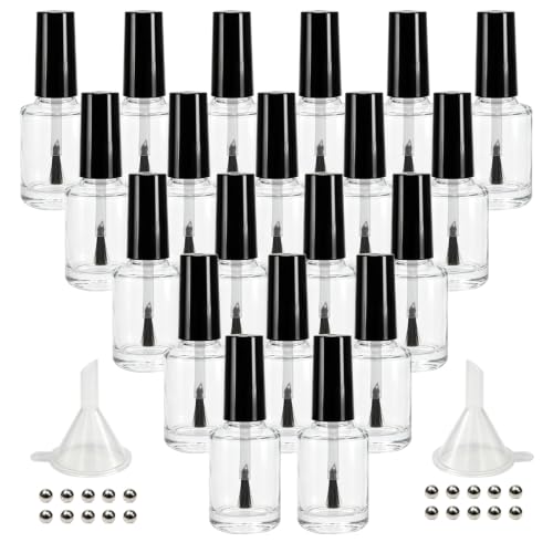 GTHER 20PCS Empty Nail Polish Bottles, Clear Glass Refillable Bottles Container with Brush Cap & Funnel & Mixing Balls for Nail Art (15ML)