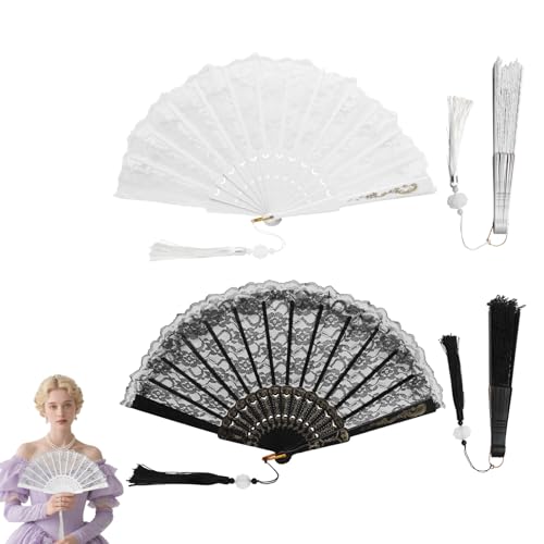 DAWRIS Abanico de mano de encaje, abanicos para boda, color blanco y negro, abanicos plegables de tela, abanicos de boda, abanicos plegables para novia, abanicos de encaje para mujer, bailes de