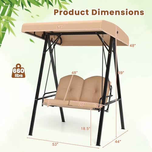 Image of Tangkula 2 Person Porch Swing, Patio Swing with Adjustable Canopy, Heavy-Duty Metal Frame & Soft Cushion, Outdoor Swing for Backyard, Garden (Beige)