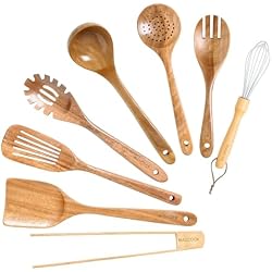 MAXCOOK Natural Acacia Wooden Kitchen Utensils Set (8 Pieces) | Wooden Spoons for Cooking,Wood Non-stick Spatula Cooking Spoons,Lightweight, Convenient, Cooking Utensil set Wood Whisk