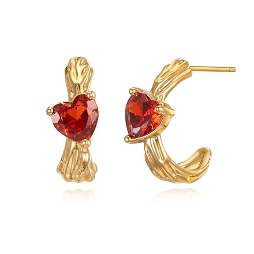 FETTERO Gold Hoop Earrings for Women, 14K Plated Red CZ Heart Hoops Lightweight Chunky Gold Earrings, Hypoallergenic Gold Earrings for Women Statement Jewelry by Fettero - Used condition - US$5.60