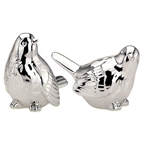Deko-Vögel Figurenset 2-teilig - silberfarbene Spatzen aus Porzellan, detailreich & elegant, Frühlingsdeko und Geschenkidee