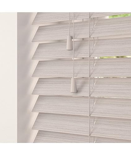 Silver Birch 50mm Faux Wood Venetian Blinds Fine Grained With Strings 120cm Drop 210cm Wide