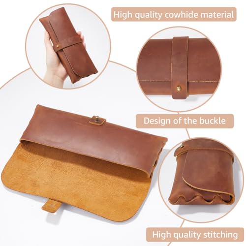 Image of GORGECRAFT Genuine Leather Snap Cover Pen Case Coconut Brown Crazy Horse Leather Roll Pouch Rustic Pencil Pouch Large Capacity Stationery Bag Organizer for Men Women Glasses Office Writers Artists