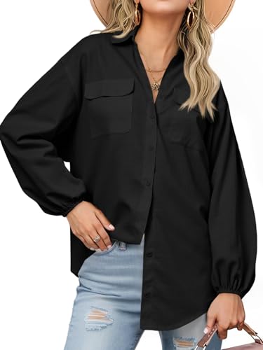 Cicy Bell Womens Oversized Button Down Shirts Puff Long Sleeve Collared V Neck Cotton Blouses Linen Loose Fit Tops