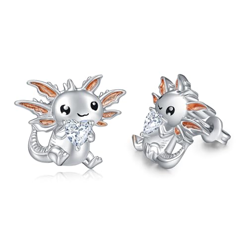 Boucles d'oreilles axolotl plaqué or blanc et rose avec détails en cœur