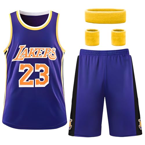 Suffolly Camiseta Baloncesto Niño, Conjunto Baloncesto Niño con Muñequera y Diademas, Trajes de Baloncesto Niño para Niños y Camiseta Tirantes, Completa Trajes de Baloncesto Niño (Morado, L)