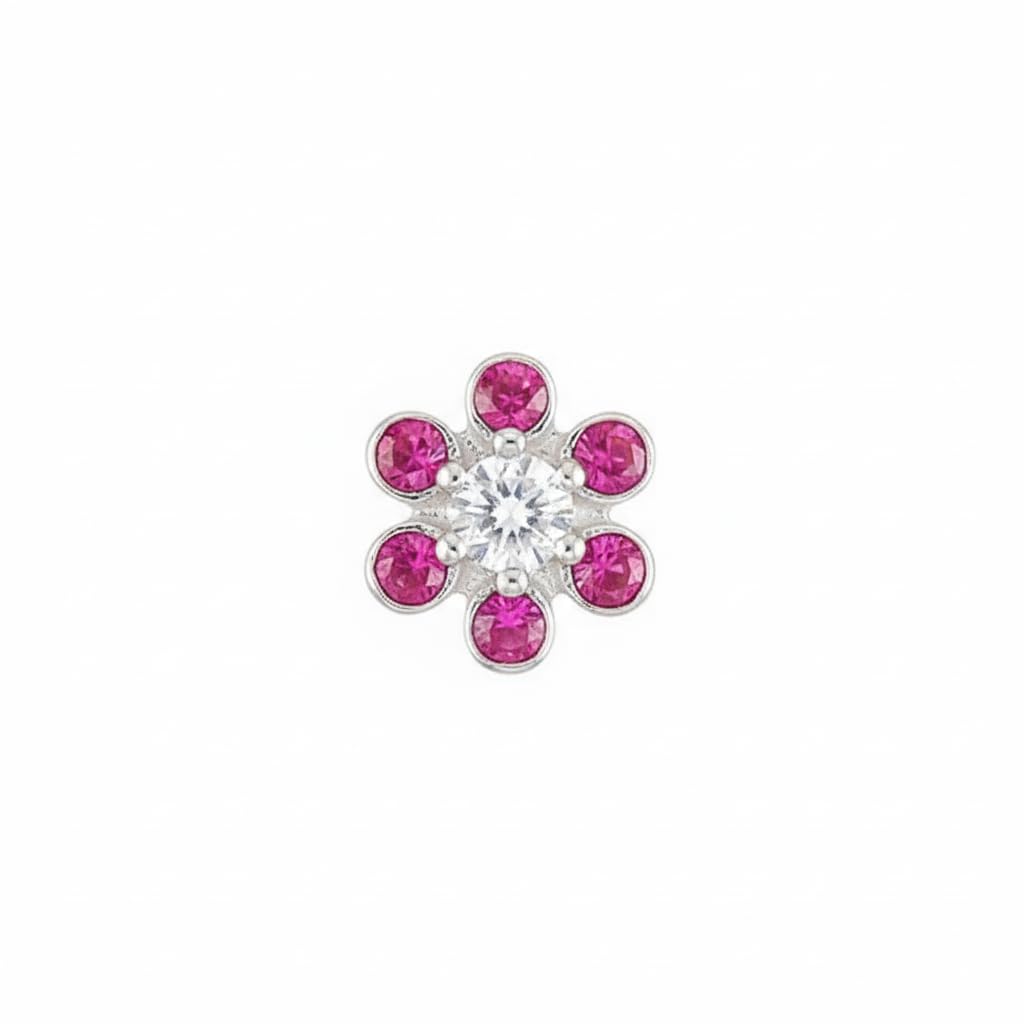 925 Sterling Silver Nose Stud, Flower Design with Pink Stones, 0.6 cm x 0.6 cm