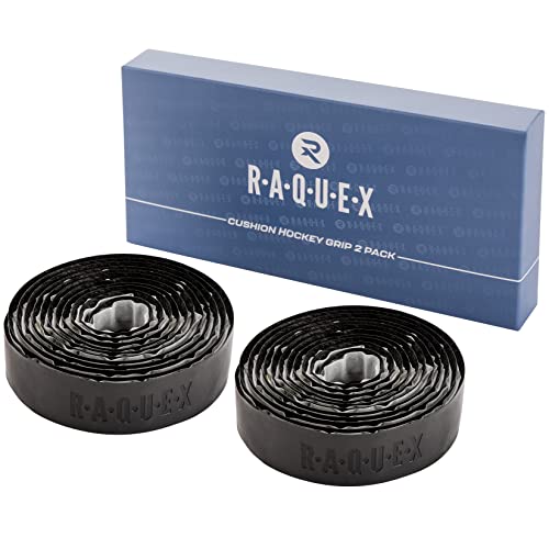 Image of Raquex Cushion PU Hockey Stick Grip 2 Pack: Super Grippy, Soft & Absorbent Hockey Stick Tape - Self-adhesive Backing - Extra long length - With Recyclable Cardboard Gift Box (2 x Black)