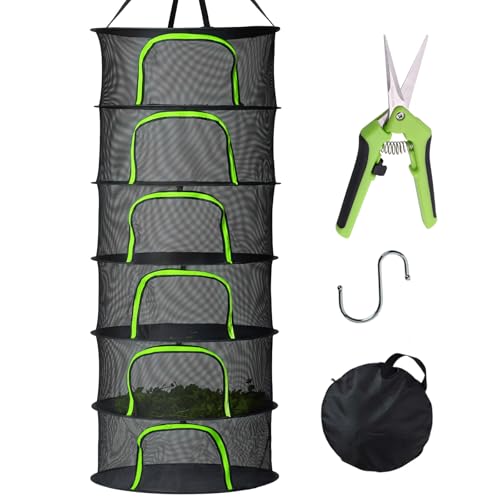 PROTITOUS 6 Layer Herb Drying Rack Hanging Mesh Net Foldable Plant Drying Rack with U-Shaped Double-Headed Zipper Garden Shears & S Hooks for Herbs Plants Fruits Seafood Clothing(23.62W)