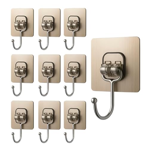 Image of 10 Pack Golden Adhesive Wall Hooks Stackable 180 Rotating Heavy Duty Sticker Hooks for Clothes Keys Towels Coats Bathroom Kitchen Home Office Stylish No Drill Rustproof Hangers