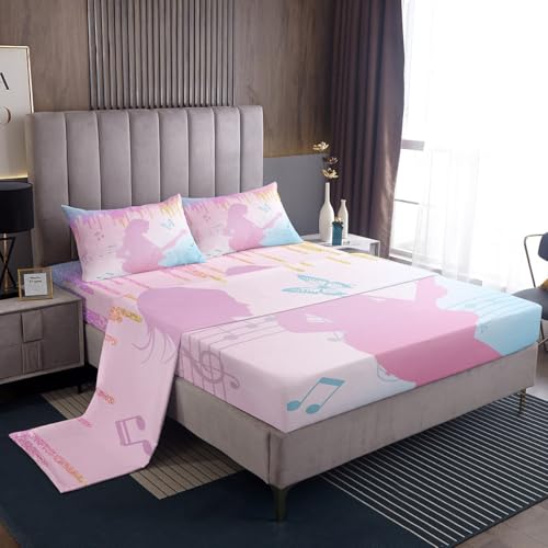 jejeloiu Girls Singer Bed Sheets Set Pink Music Guitar Bedding Set Full Size Glitter Fashion Women Bed Cover Room Decor Lightweight Bed Set with Deep Pocket Fitted Sheet with 2 Pillow Case