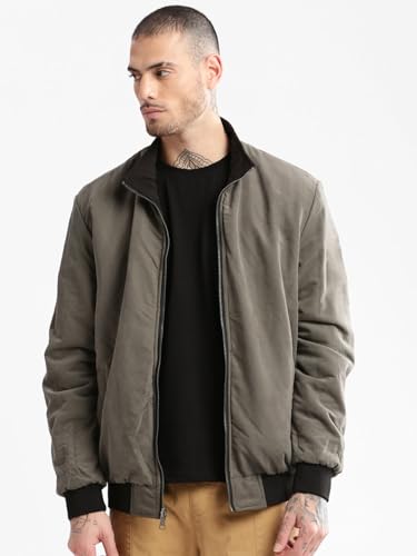 Image of SHOWOFFFF Men Solid Bomber Jacket | Mock Collar Full Sleeves Nylon Jacket for Mens | Oversized Fit Jacket for Men's