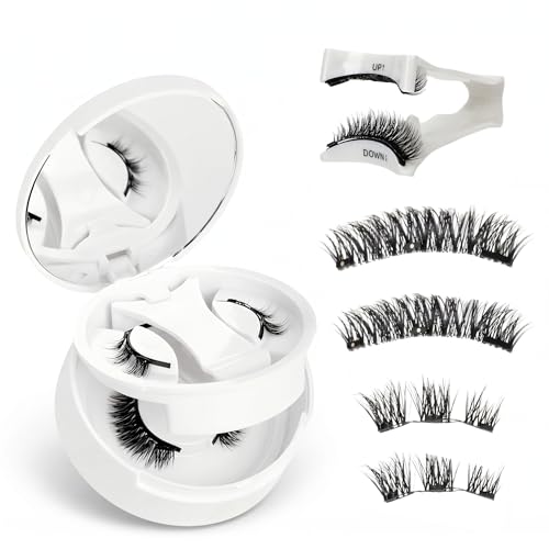 Set de 2 Pares de Pestañas Postizas Magneticas sin Eyeliner - Sin Pegamento con 3 Imanes y Punto Plateado para Distinguir - Aspecto Natural 3D, Reutilizables - Incluye Aplicador y Estuche con Espejo