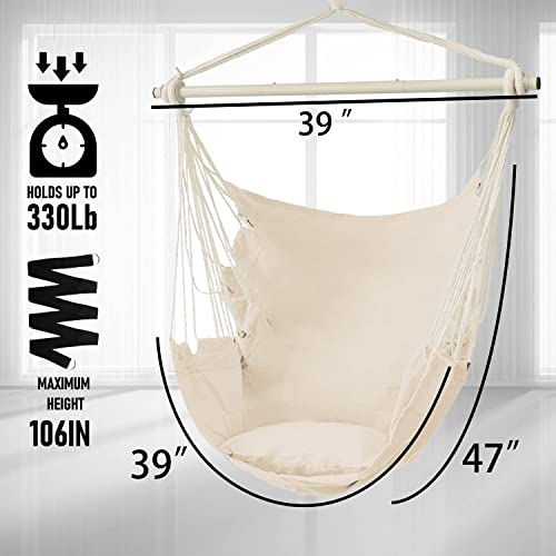 Dekool Hammock Chair Hanging Rope Swing, Detachable Steel Support Bar, Max 330 Lbs, Soft Durable Cotton Canvas, 1 Cushion And Hanging Hardware Included, For Indoor Outdoor, Beige #TOP1