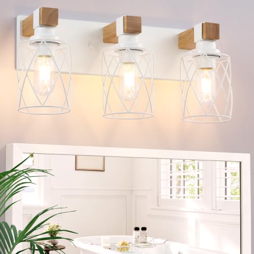 Image of Farmhouse 3-Light Wood Bathroom Vanity Light, White Metal Cage Shade | Mounted Over Mirror, Industrial Rustic Style, Ideal for Bathroom, Bedroom, Hallway & Living Room, Easy To Install