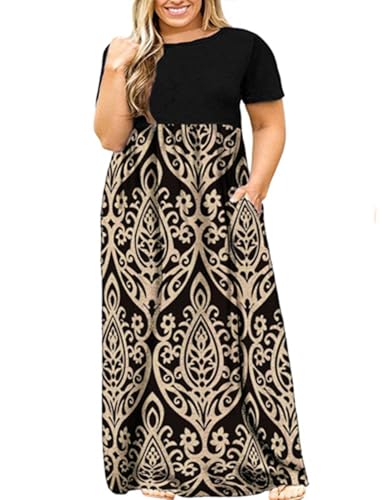 Image of Kancystore Women's Plus Size Maxi Dress with Pockets Summer Dresses XL-5X | Plus Size High Waisted Long Length Beach Dress, Empire Waist Round Neck Casual Dress, Solid Striped Floral Tie Dye Colors