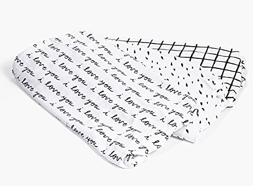 Nodnal Co. 3 Fitted Bassinet Sheets Black/White Set For Baby Girl/Boy - 100% Oeko-Tex Cotton - Gender Neutral I Love You, Plaid & Raindrop - Cradle/Moses Basket Hourglass Oval Rectangle Mattress Sheet #TOP2