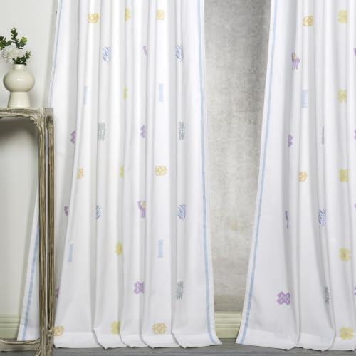 Image of Tranquebar Curtain Co. Window Curtains 5 Feet, 60-65% Room Darkening, Multicolor(White) Motif Print, Cotton Curtains for Window, BackTab Loops, Design Ozan (152 cm) - Set of 2