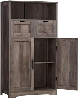 Iwell Storage Cabinet with Adjustable Shelf, Bathroom Cabinet with Doors, Cupboard, Kitchen Pantry Cabinet, Floor Cabinet for Living Room, Home Office, Dark Gray