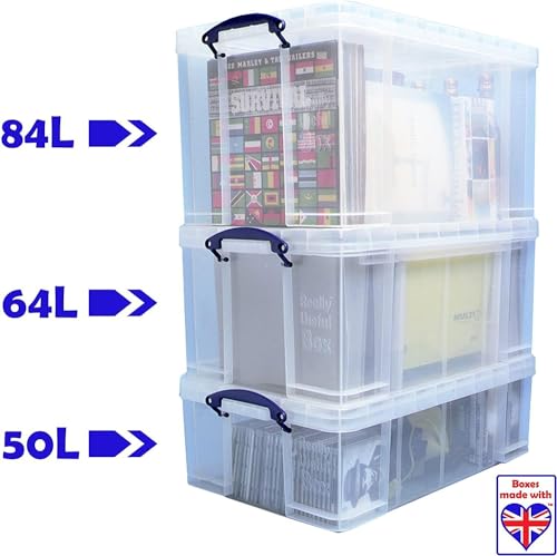 Really Useful Box 2er-Pack, 64 Liter, zum Organisieren und Aufbewahren, 710 x 440 x 310 mm, transparent