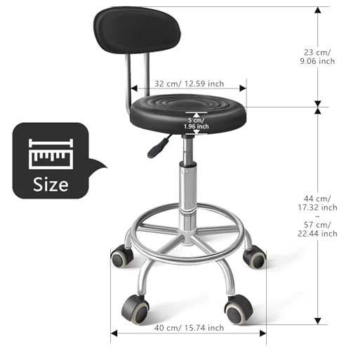 DENGTELI Chair with Wheels PU Leather, with Backrest, Height Adjustable, 360° Swivelling Armless Barstool with Footrest, Ideal for Pubs, Restaurants, Offices, Homes, Tattoos, Massages (Black) - Thumbnail 3