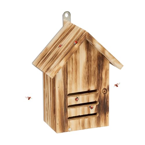 Relaxdays Marienkäferhaus, Marienkäferhotel Garten, zum Aufhängen, Holz, G, geflammt
