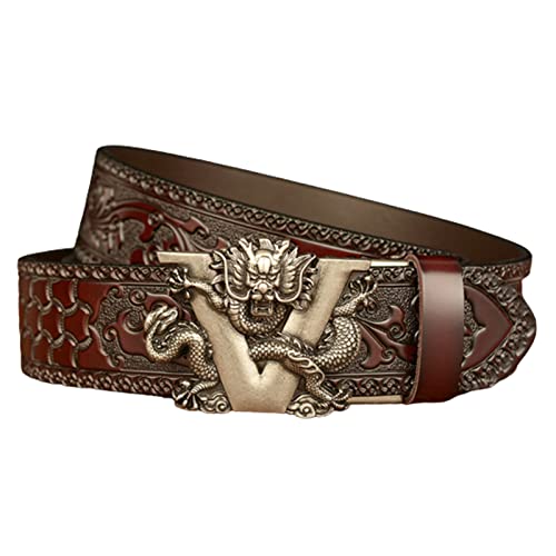 Comfort Leather Slide Ratchet Belt With Automatic Carved Dragon Buckle - Adjustable For Jeans