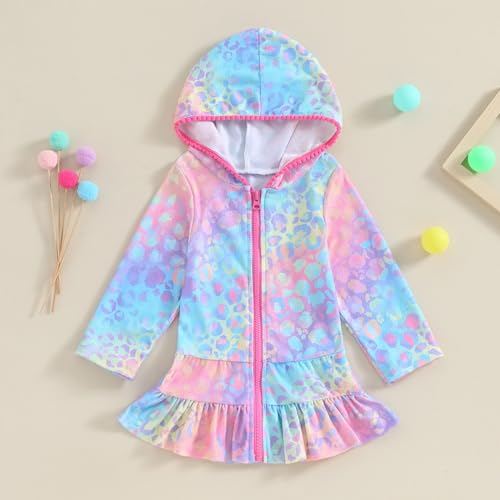 Image of Girls Terry Cloth Swim Cover Up Zip Up Hooded Bathing Suit Coverup Wraps Rufled Kids Pool Beach Robe Cover-Up Dress