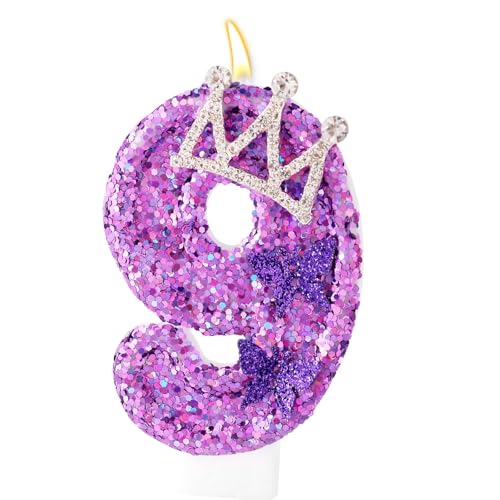 Birthday Number Candles, Crown Butterfly Birthday 0 1st 2nd 3rd 4th 5th 6th 7th 8th 9th Candles Purple Cake Topper with Sequins Party Decorations for Anniversary Celebrations Supplies (9)