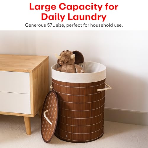 Image of Rioware Bamboo laundry bag basket for clothes with lid toy storage organiser box foldable Round Home Organizer and Storage | Eco Friendly | Compact and Easy to carry Dark Brown Econest
