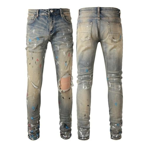 Jeans Pants Trouser Denim Men Stretch Slim Fit Skinny Worn Hole Trendy Street Piercing Retro Splash Spray Paint Dots Graffiti Small Foot(Light Blue,29)4